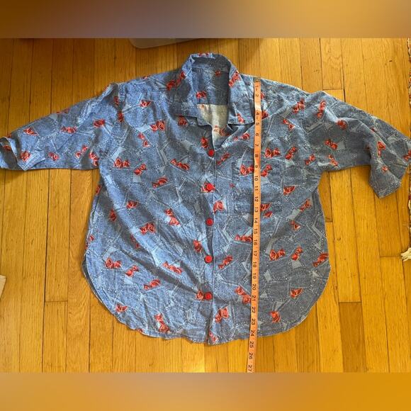 70s Vintage Blue and Red Novelty Bandana Denim Print Top - Picture 6 of 8